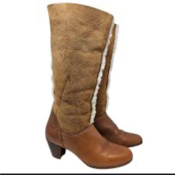 Vintage 70s Bass Brown Leather Shearling Interior Heeled Boot Boho Snow size 8 - Picture 1 of 11